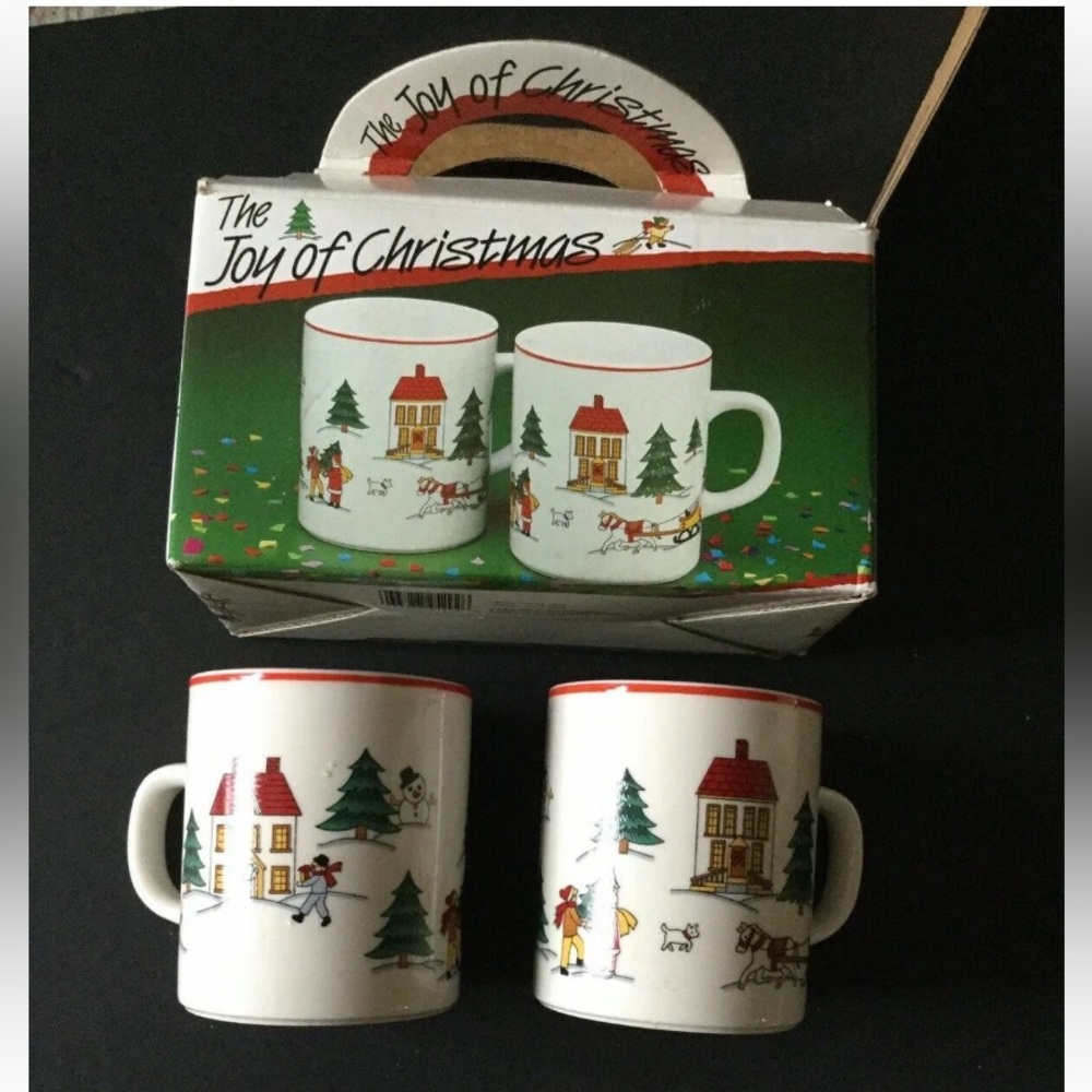 Christmas Mugs Stoneware Holiday Set Of 2 White Multicolor Jamestown China NIB